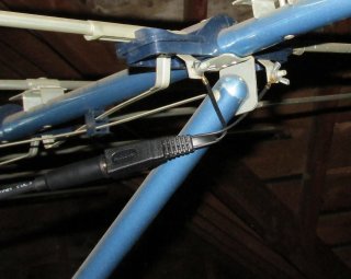 Our old blue antenna, attached to the new balun and coaxial cable